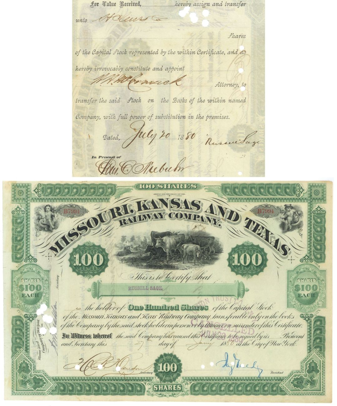 Jay Gould and Russell Sage signed Missouri, Kansas and Texas Railway Co. - The Katy - 1880 dated Railroad Autograph Stock Certificate