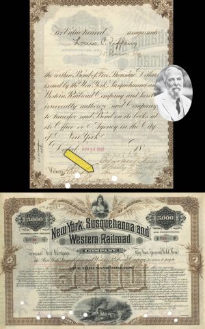 New York, Susquehanna and Western Rairoad Co. Issued to Charles L. Tiffany and Signed by Lewis C. Tiffany of Tiffany and Co. Fame - 1893 dated $5,000 Autographed Bond