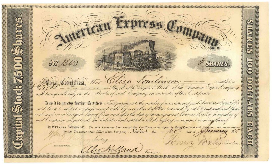 American Express Co. signed by H. Wells & W.G. Fargo dated 1854 - Autographed Stock Certificate