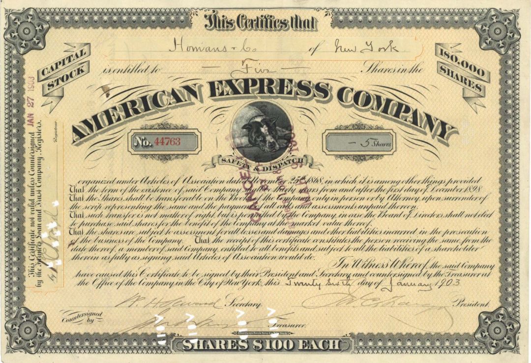 American Express Co. signed by J.C. Fargo, J.F. Fargo, and W.H. Seward Jr.  - 1895-1911 dated Autographed Stock Certificate
