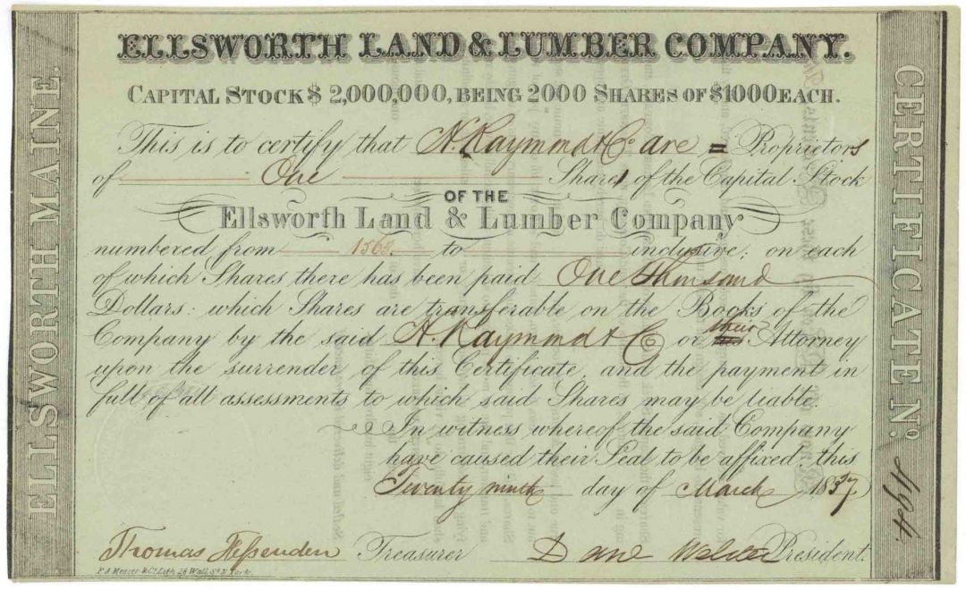 Daniel Webster signed Ellsworth Land and Lumber Co. - Autograph Stock Certificate - Only 2 Known