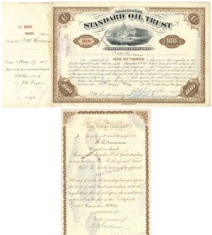 Daniel M. Harkness issued to/signed Standard Oil Trust signed twice by Henry M. Flagler & once by John D. Rockefeller - 1888 dated Autograph Stock Certificate