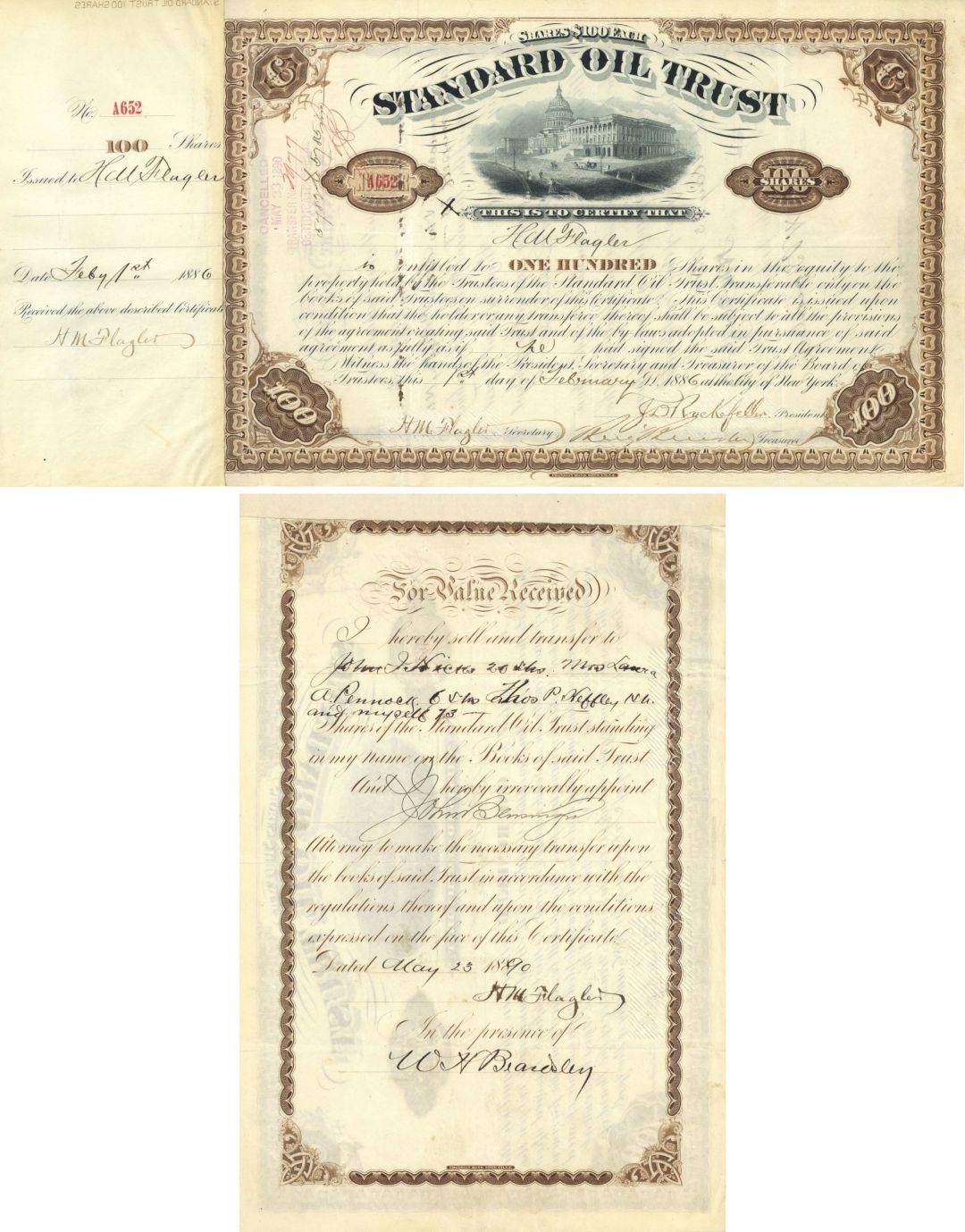 Standard Oil Trust issued to Henry Morrison Flagler - Signed Three Times - 1886 Autograph Stock Certificate - John D. Rockefeller, Benjamin Brewster, H. M. Flagler and W. H. Beardsley