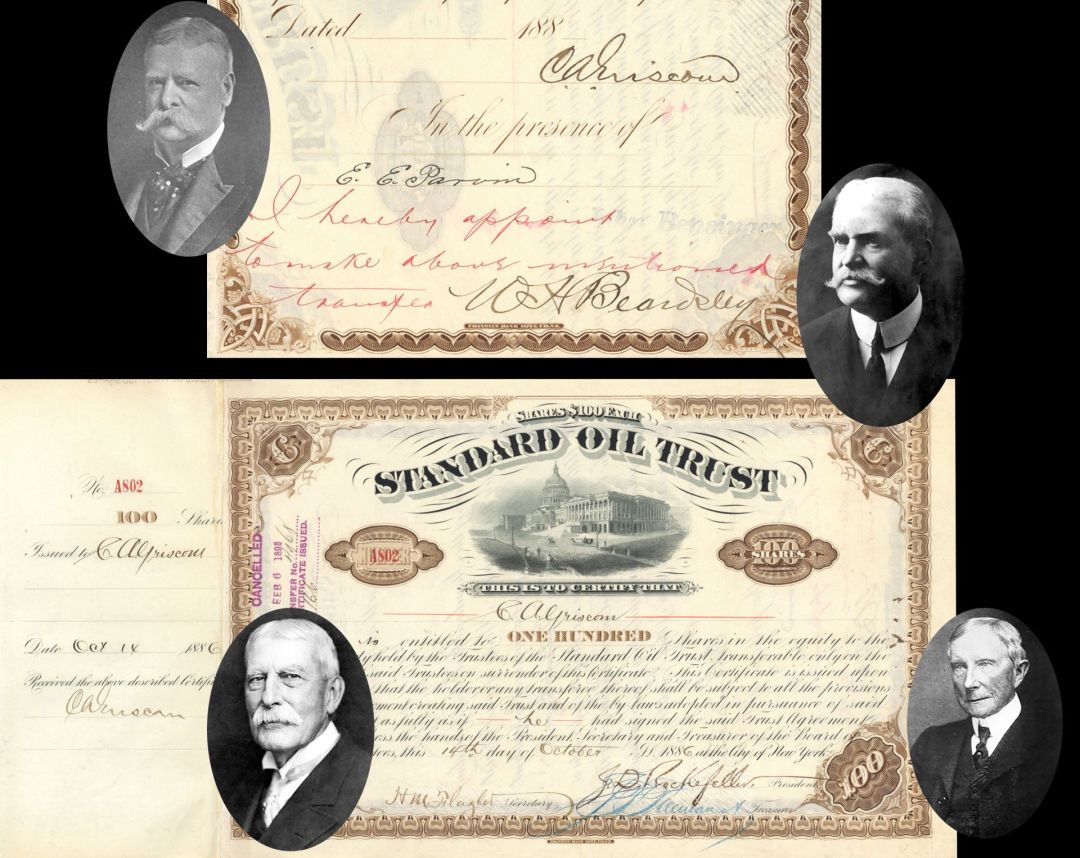 Standard Oil Trust signed by H.M. Flagler, J.D. Rockefeller, C. A. Griscom and W. H. Beardsley - 1886 Autograph Stock Certificate
