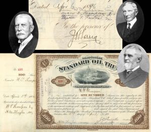 Standard Oil Trust signed twice by H.M. Flagler and W.P. Thompson - 1896 dated Autographed Stock Certificate