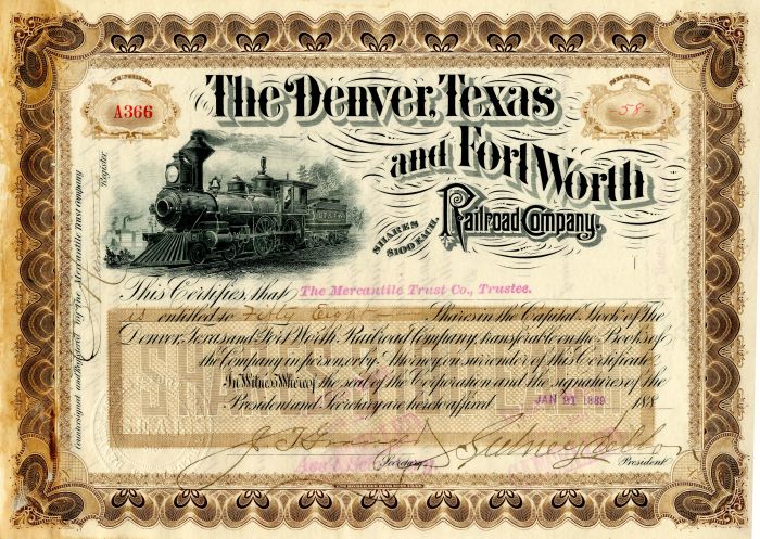 Sidney Dillon - Denver, Texas and Fort Worth Railroad Co. - Stock Certificate