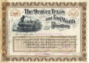 Denver, Texas and Fort Worth Railroad Co. Signed by Sidney Dillon - 1880's dated Autographed Stock Certificate