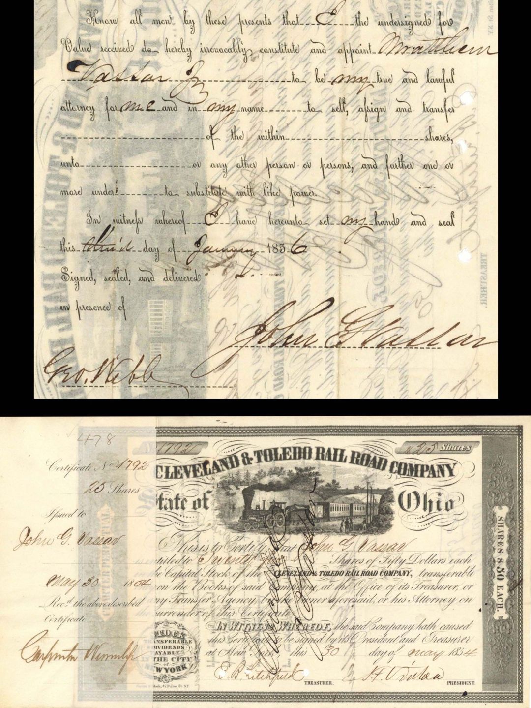 Cleveland and Toledo Rail Road transferred to John G. Vassar - 1854 dated Stock Certificate
