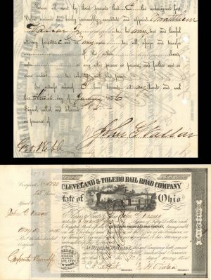 Cleveland and Toledo Rail Road transferred to John G. Vassar - 1854 dated Stock Certificate