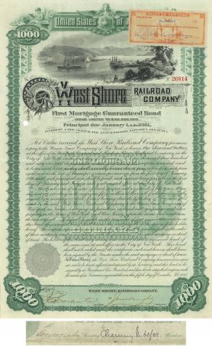 Chauncey Depew signed 1885 $1,000 Railroad Bond - West Shore Railroad Autograph