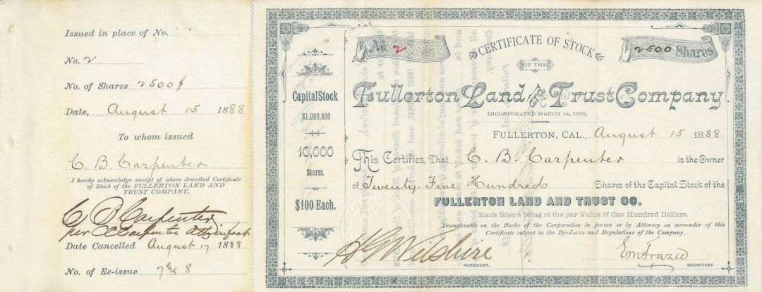 Fullerton Land and Trust Co. signed by H.G. Wilshire (Uncanceled)