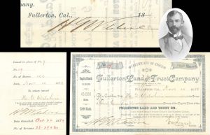 Fullerton Land and Trust Co. signed 3 times by H.G. Wilshire - 1888 dated Autographed Stock Certificate