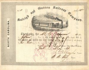 Raleigh and Gaston Railroad Co. signed by Lawrence O'Bryan Branch - 1853 or 1854 dated Autographed Stock Certificate