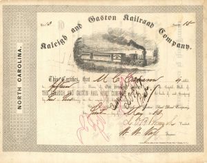 Raleigh and Gaston Railroad Co. signed by Lawrence O'Bryan Branch - Stock Certificate