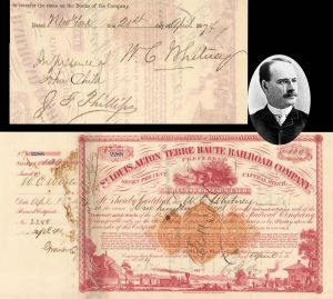 St. Louis, Alton Terre Haute Railroad Co. Issued to and signed by W.C. Whitney and signed by Charles Butler - 1874 dated Autographed Stock Certificate