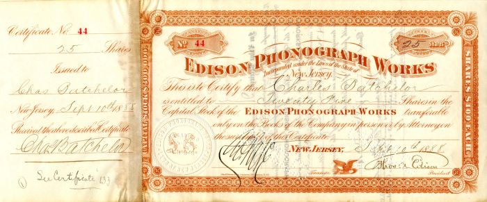 Edison Phonograph Works signed by Thos. A. Edison - Stock Certificate