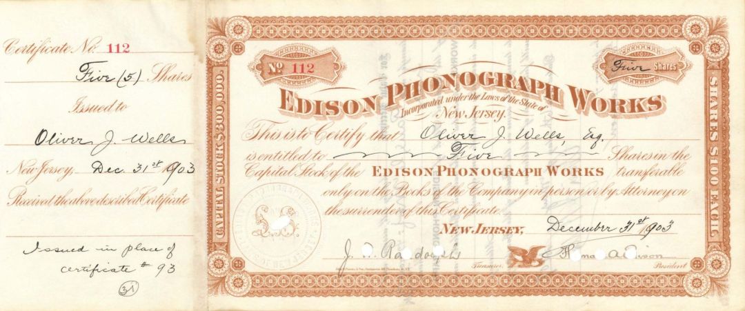 Edison Phonograph Works signed by Thos. A. Edison - 1903 or 1904 dated Autographed Stock Certificate