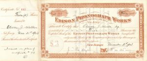 Edison Phonograph Works signed by Thos. A. Edison - 1903 or 1904 dated Autographed Stock Certificate