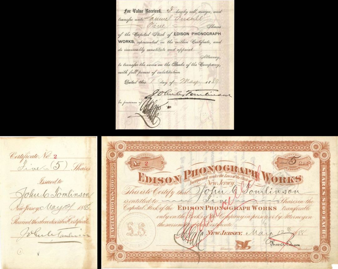 Edison Phonograph Works signed by Thos. A. Edison and Transferred to Samuel Insull - 1888 dated Autographed Stock Certificate