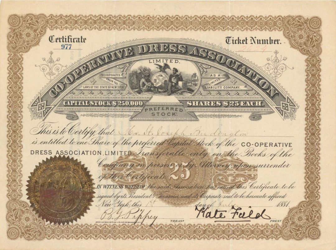 Co-operative Dress Association signed by Kate Field - 1881 dated Autographed Stock Certificate