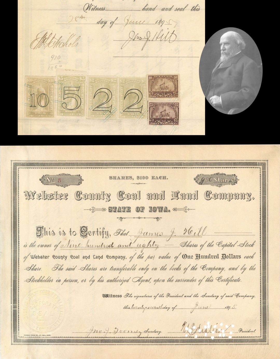 Webster County Coal and Land Co. signed by James J Hill - 1895 dated Autographed Stock Certificate