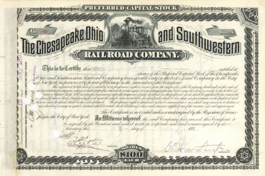 Collis Potter Huntington signed Chesapeake, Ohio and Southwestern Railroad Co - Stock Certificate