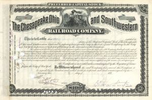 Collis Potter Huntington signed Chesapeake, Ohio and Southwestern Railroad Co - Stock Certificate