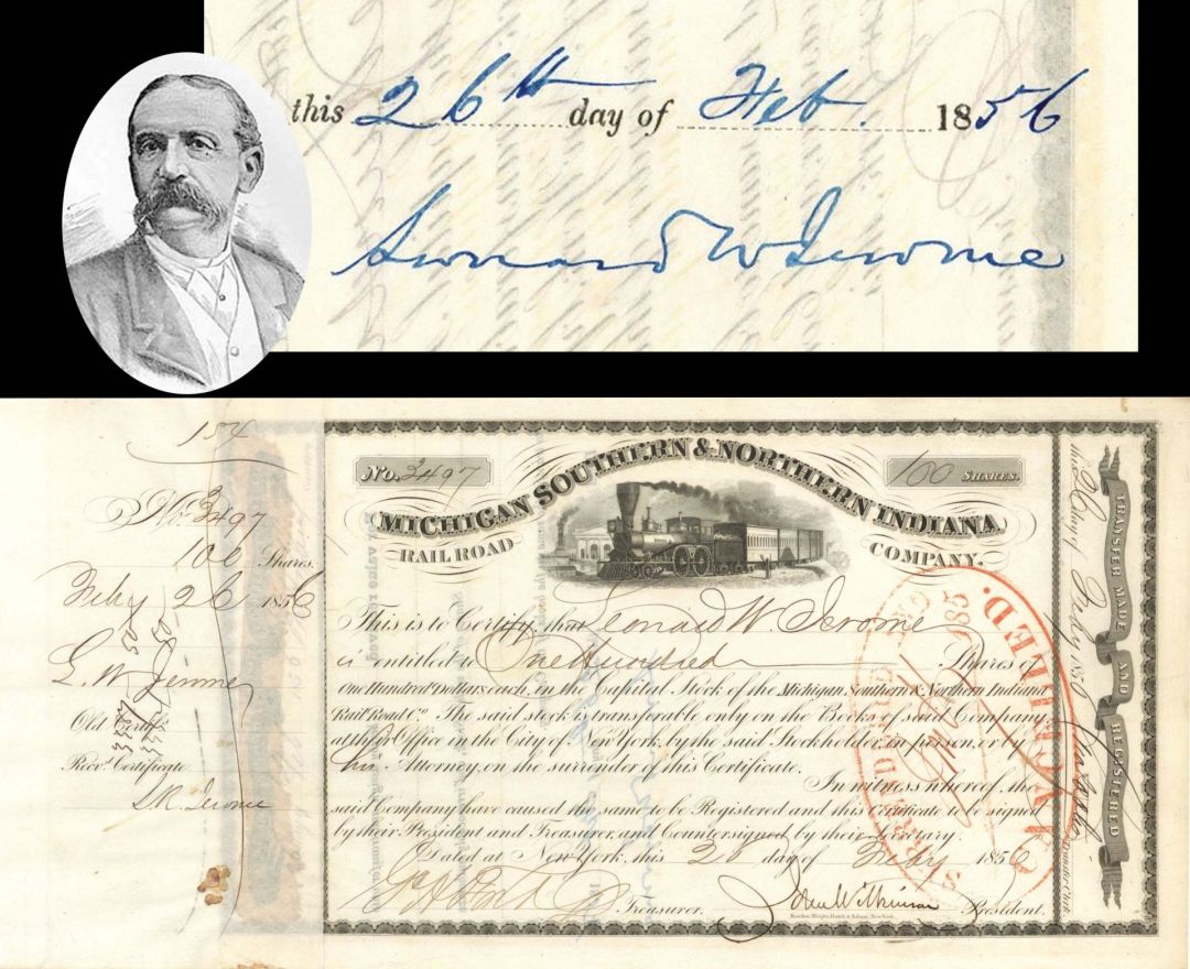 Michigan Southern and Northern Indiana Railroad issued to and signed by Leonard W. and L. R. Jerome - 1856 dated Autographed Stock Certificate
