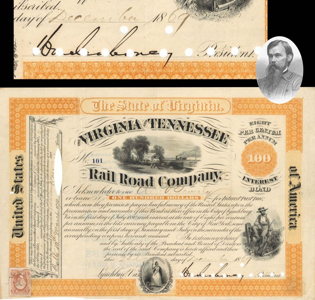 Virginia and Tennessee Railroad Co. signed by William Mahone - 1869 Autographed Stock Certificate