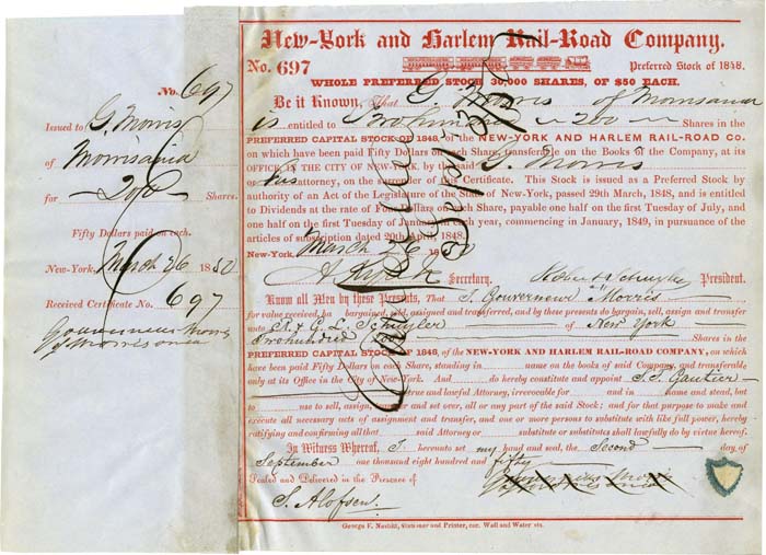 New-York and Harlem Rail-Road issued to and signed twice by Gouverneur Morris, Jr.
