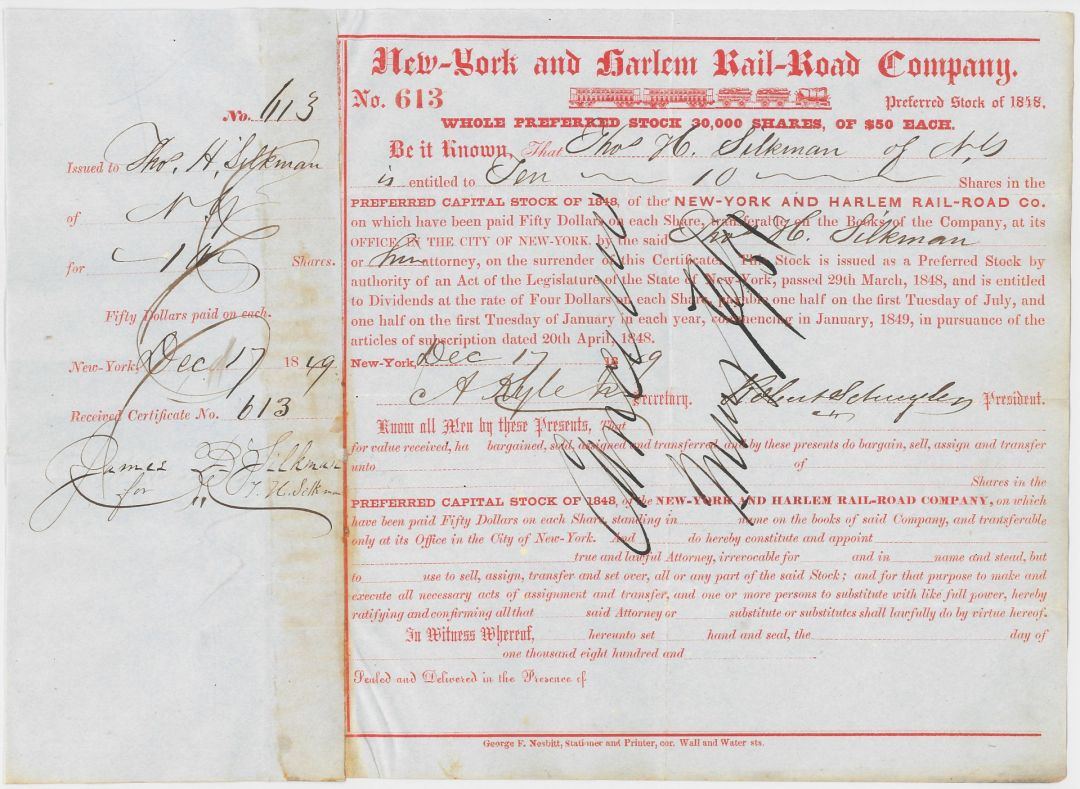 New-York and Harlem Rail-Road Company signed by Robert Schuyler - 1850 dated Autograph Railway Stock Certificate