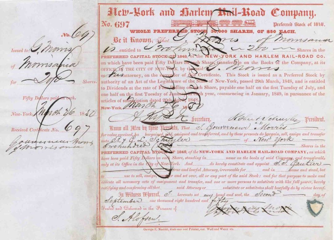 New-York and Harlem Rail-Road issued to and signed twice by Gouverneur Morris, Jr. and Robert Schuyler - 1850 dated Autograph Railway Stock Certificate
