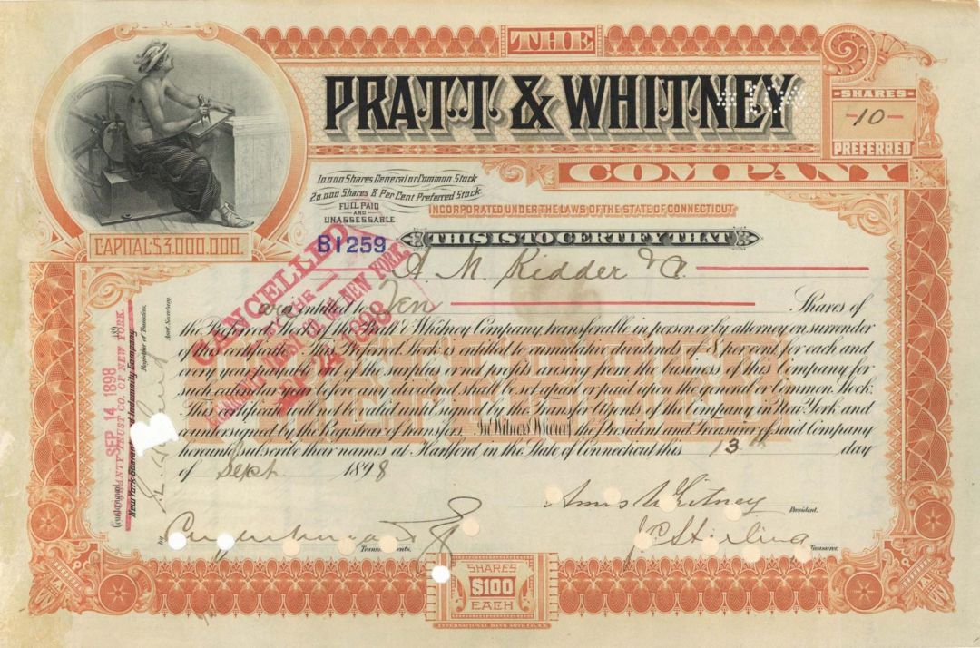 Pratt and Whitney Co. signed by Amos Whitney - 1898 dated Autographed Stock Certificate