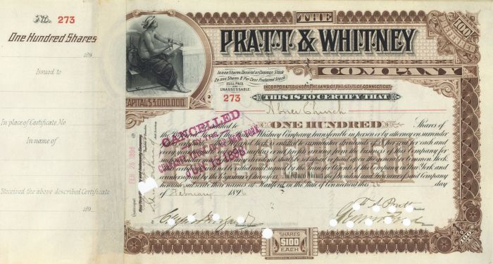 Pratt and Whitney Co. signed by F.A. Pratt as president