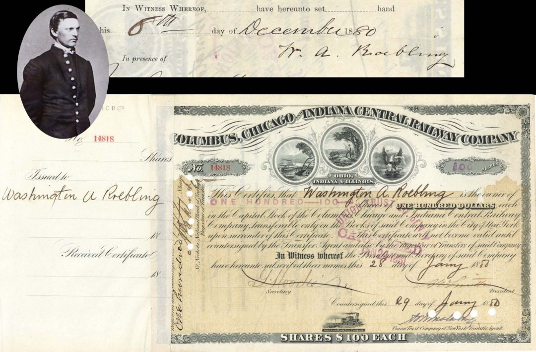 Columbus, Chicago and Indiana Central Railway issued to and signed by Washington A. Roebling - 1880 dated Autographed Stock Certificate