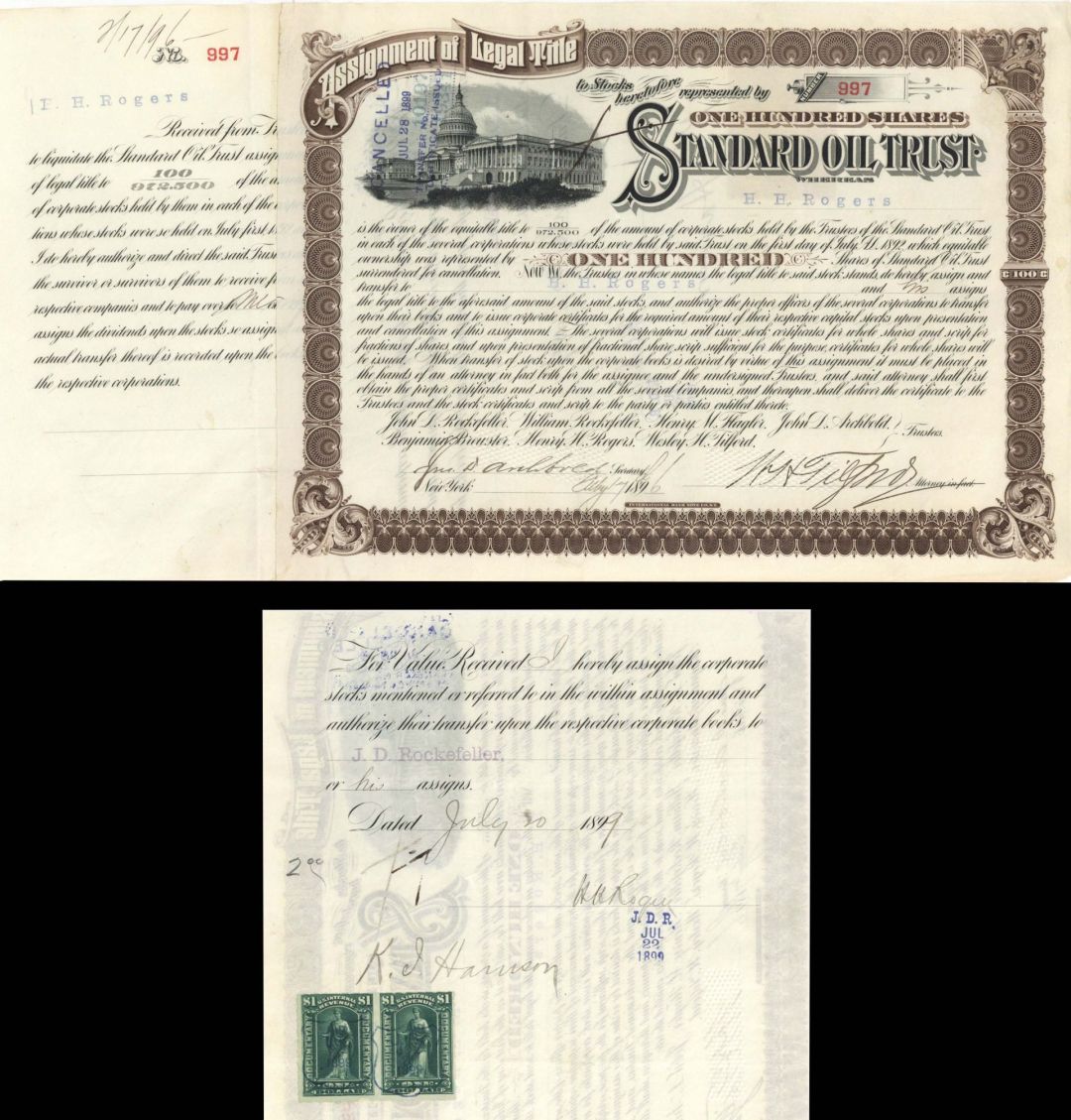 Standard Oil Trust issued to and signed by H.H. Rogers, John D. Archbold and W.H. Tilford - 1896 dated Autographed Stock Certificate