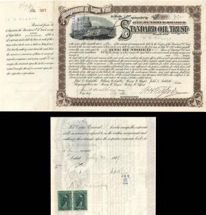 Standard Oil Trust issued to and signed by H.H. Rogers, John D. Archbold and W.H. Tilford - 1896 dated Autographed Stock Certificate
