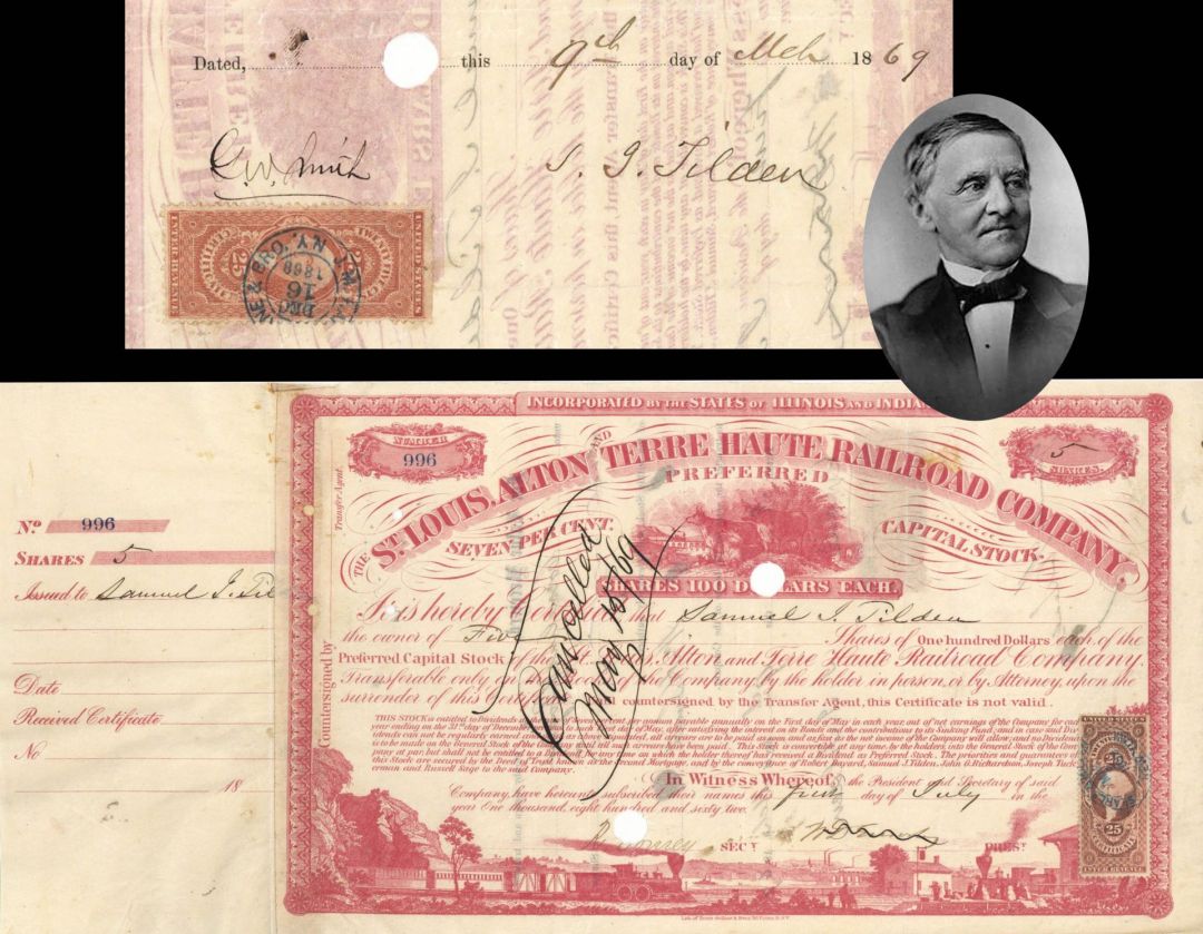 St. Louis, Alton and Terre Haute Railroad issued to and signed by Samuel J. Tilden - 1862 dated Autographed Stock Certificate