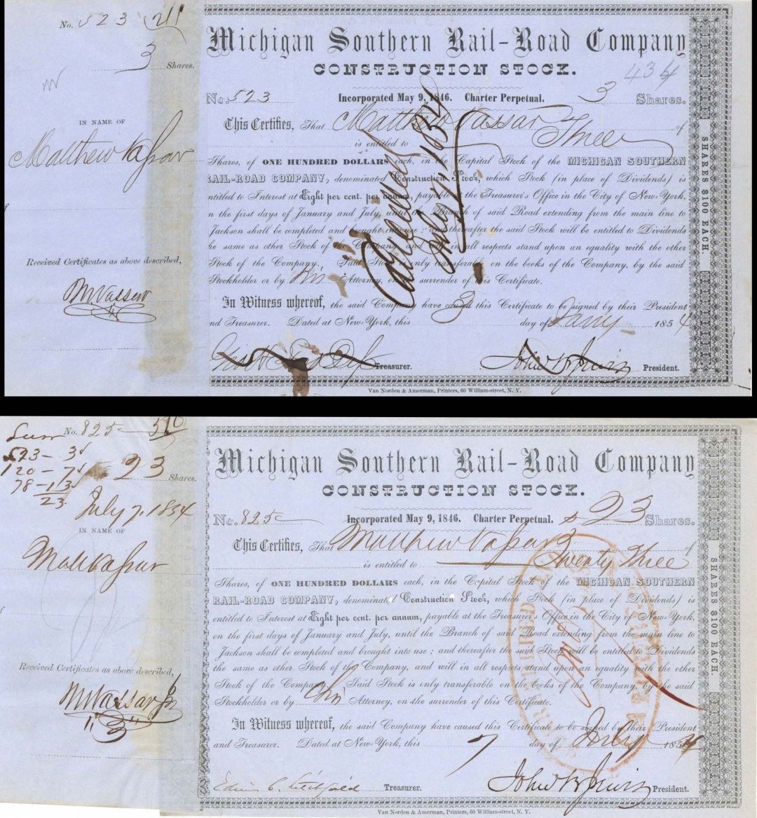 Pair of Michigan Southern Rail-Road signed by Matthew Vassar, Sr. and Jr. - 1854 dated Autographed Stock Certificates