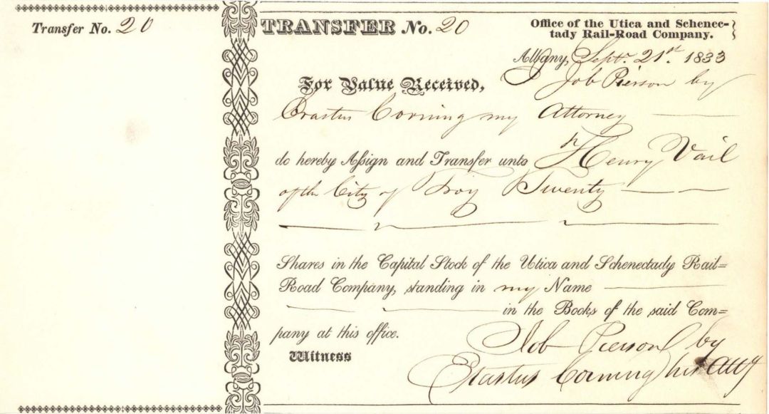 Utica and Schenectady Rail-Road Co. signed by Erastus Corning - 1833 or 1834 dated Autographed Stock Certificate