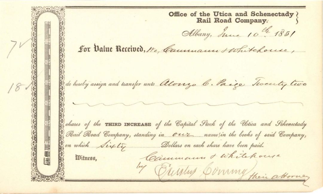 Utica and Schenectady Rail Road Co. signed by Erastus Corning - 1851 dated Autographed Transfer