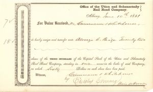 Utica and Schenectady Rail Road Co. signed by Erastus Corning - 1851 dated Autographed Transfer