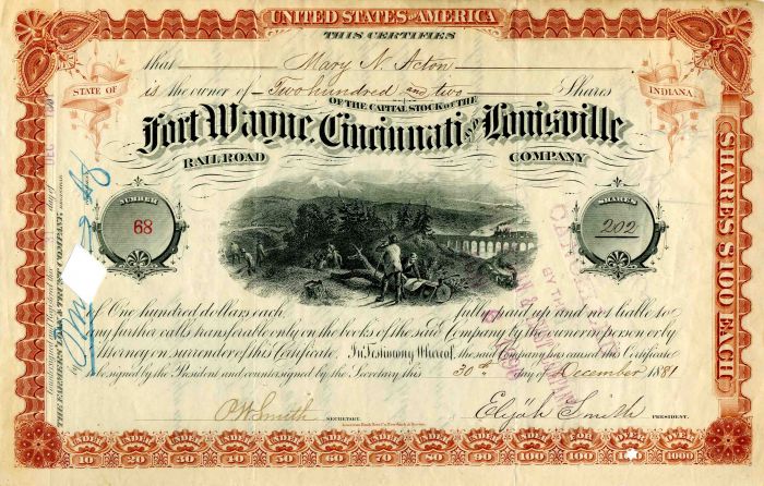 Fort Wayne, Cincinnati and Louisville Railroad Co. Signed by Elijah Smith - Stock Certificate