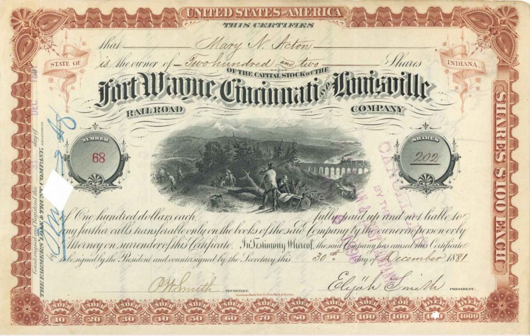 Fort Wayne, Cincinnati and Louisville Railroad Co. Signed by Elijah Smith - 1881 or 1890 dated Autographed Stock Certificate