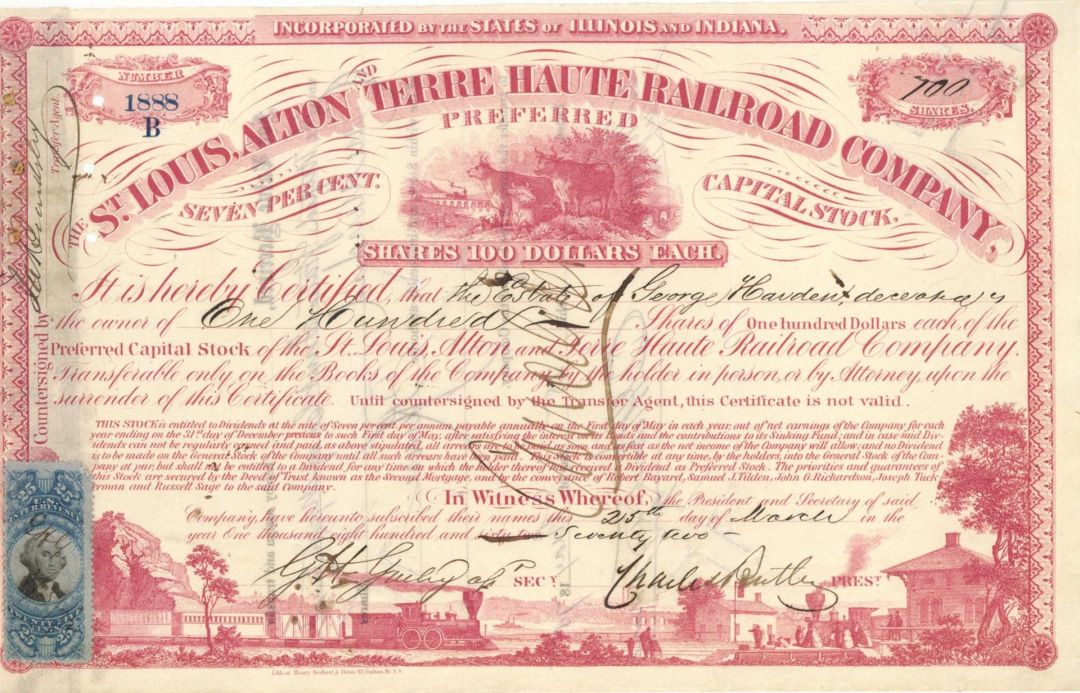 St. Louis, Alton and Terre Haute Railroad Co. signed by Charles Butler - 1860's-1870's dated Autographed Stock Certificate