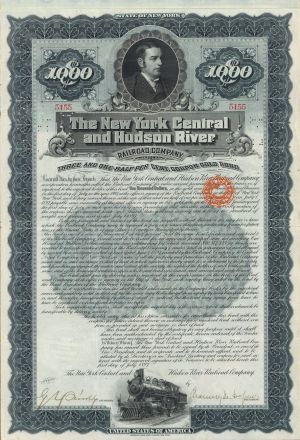 Chauncey H. Depew signed New York Central and Hudson River Railroad - $1,000 Railway Gold Bond
