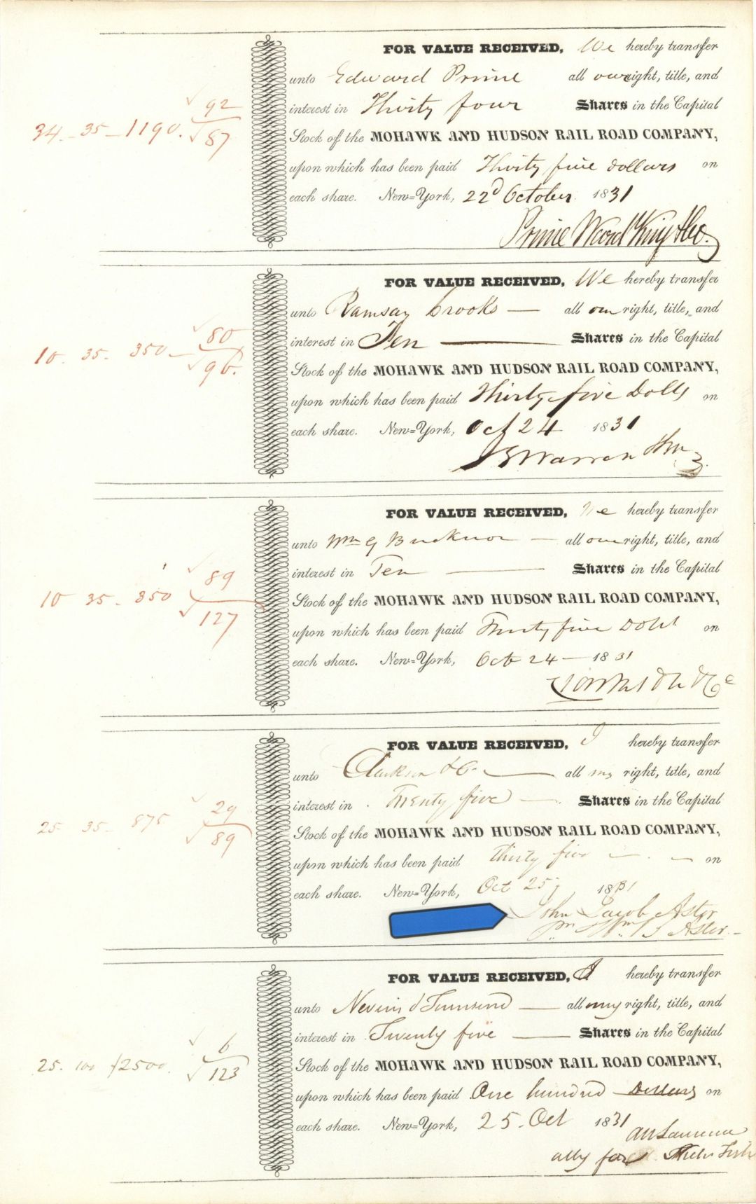 Uncut Sheet of 5 Mohawk and Hudson RR signed by William B. Astor for his Father, John Jacob Astor