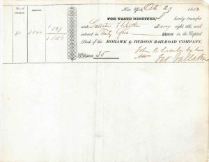 Mohawk and Hudson Railroad Co. signed by Jas. Gallatin - 1833 dated Autographed Stock Certificate