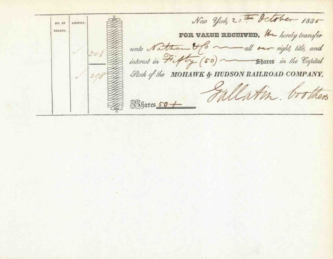 Mohawk and Hudson Railroad Co. signed by Jas. Gallatin - 1835 dated Autographed Stock Certificate