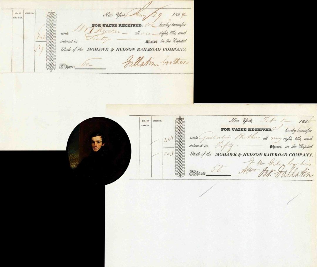 Pair of Mohawk and Hudson Railroad signed by James Gallatin - 1834 and 1836 dated Autographed Stock Certificates